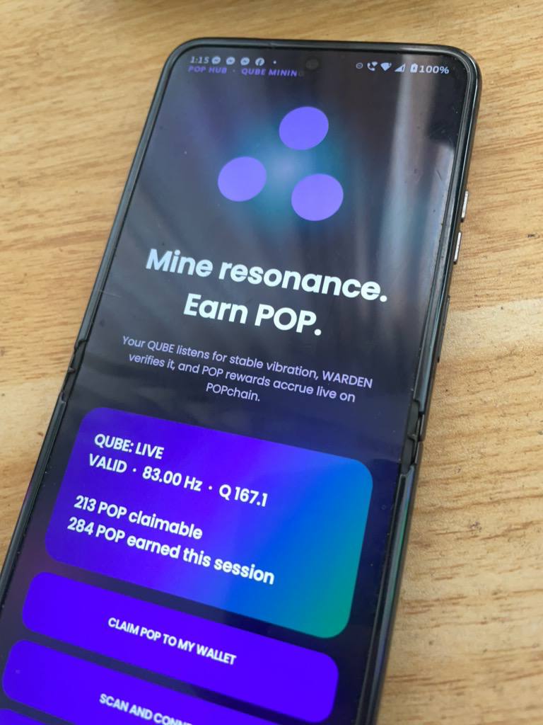 POP Hub with the canonical POPmark, a live valid QUBE reading, and rewards ready to claim.