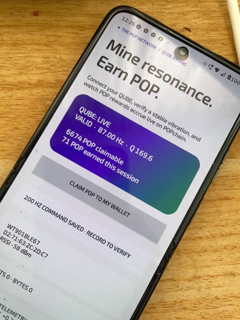 The first live QUBE mining interface showing a WARDEN-valid reading and POP rewards accumulating.